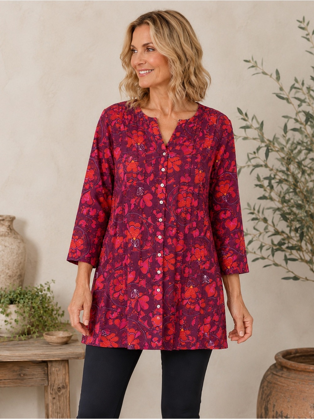 Gudrun Sjöden Magnolia Floral Tunic Blouse Burgundy Boho Lagenlook Whimiscal
